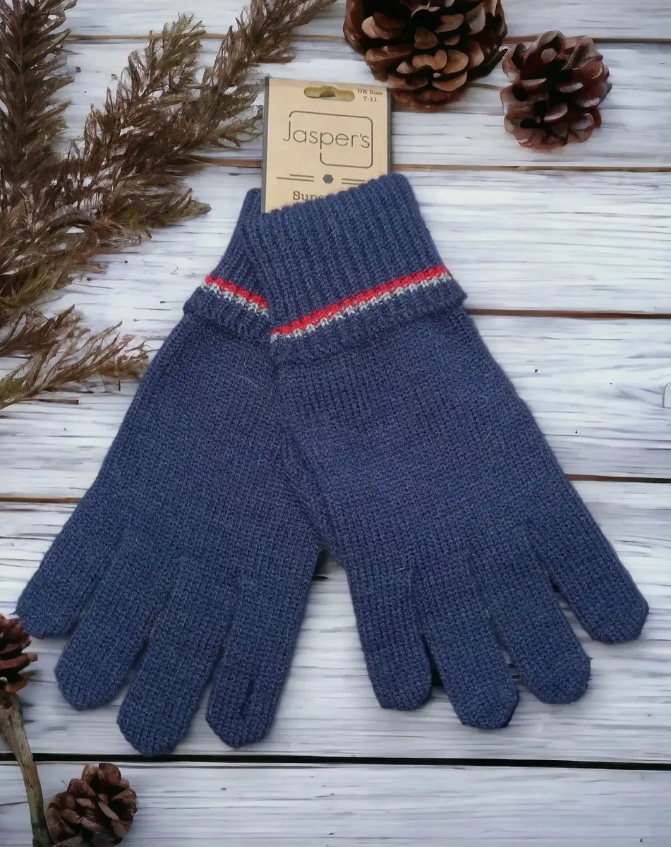 Men’s Knitted Gloves - Navy and Red Stripe