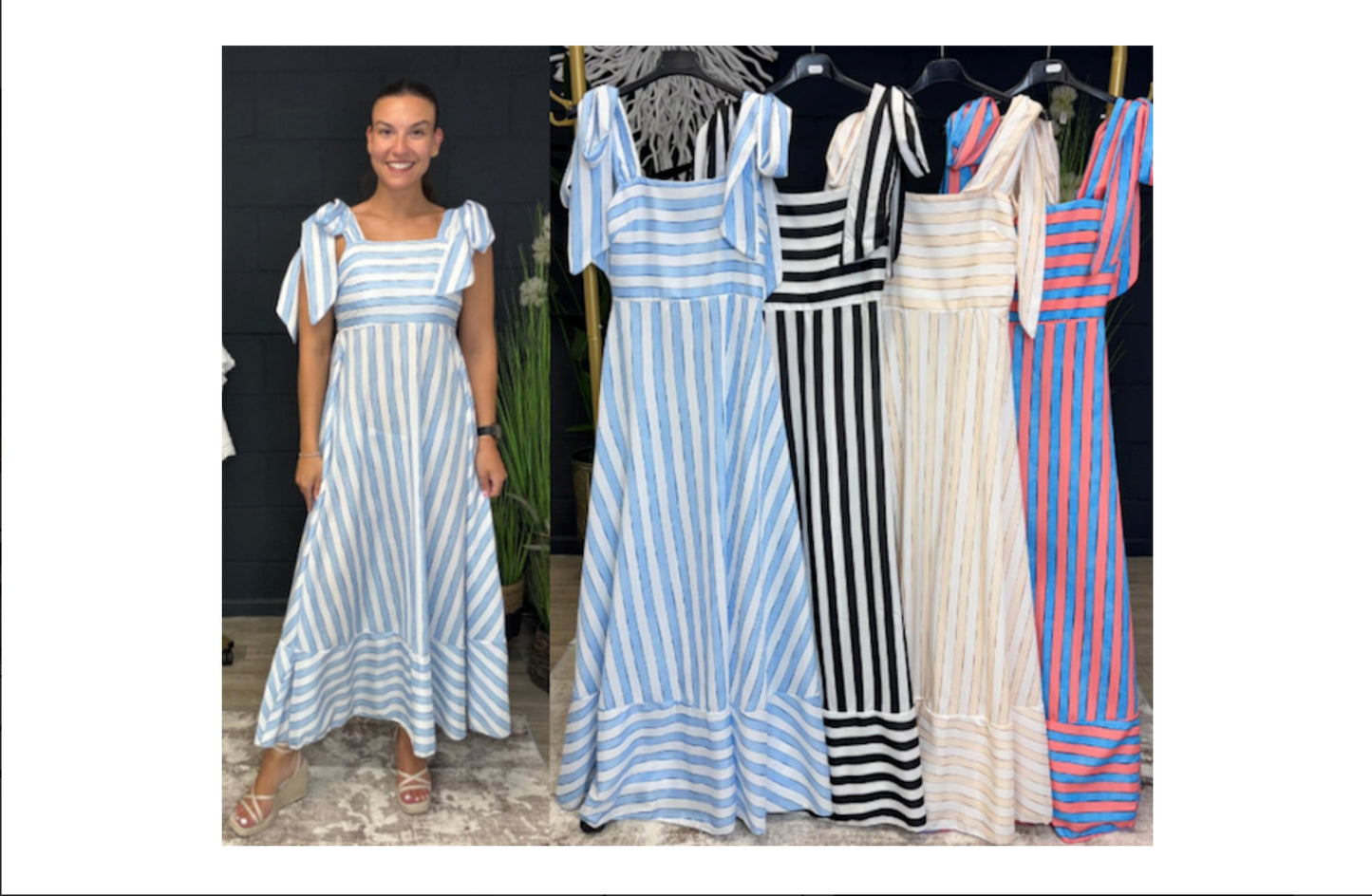 Stripe Shoulder Bow Tie Maxi Dress Cream