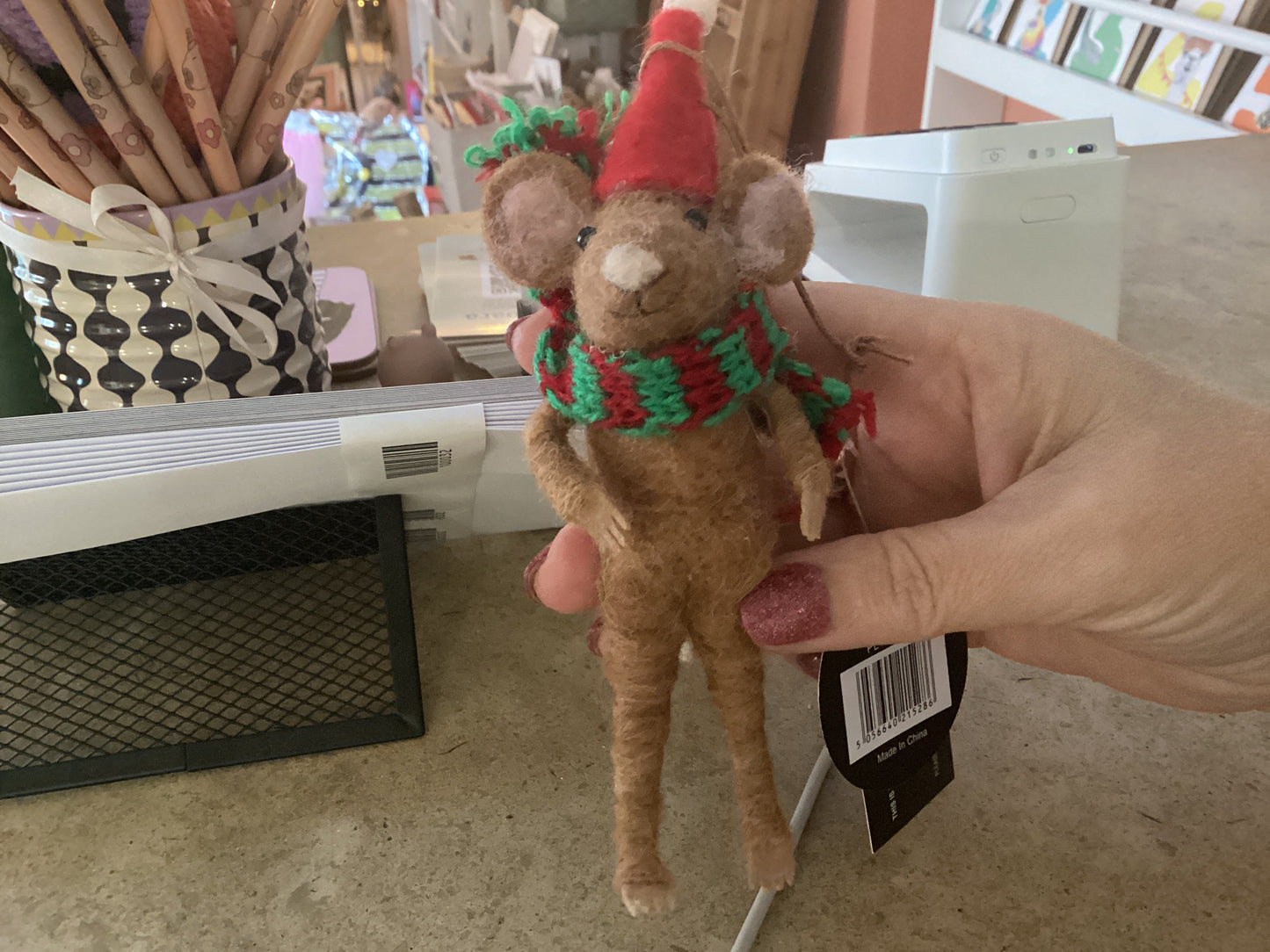 Brown Felt Mouse with Scarf - Hanging or Freestanding