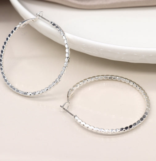 Large Silver Hoop Earrings- rope effect