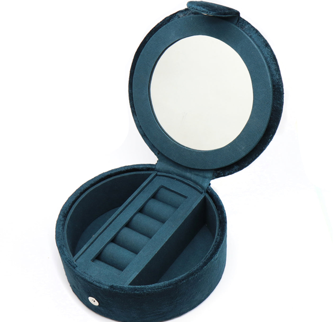 Dark teal velvet hedgehog embroidered round jewellery box