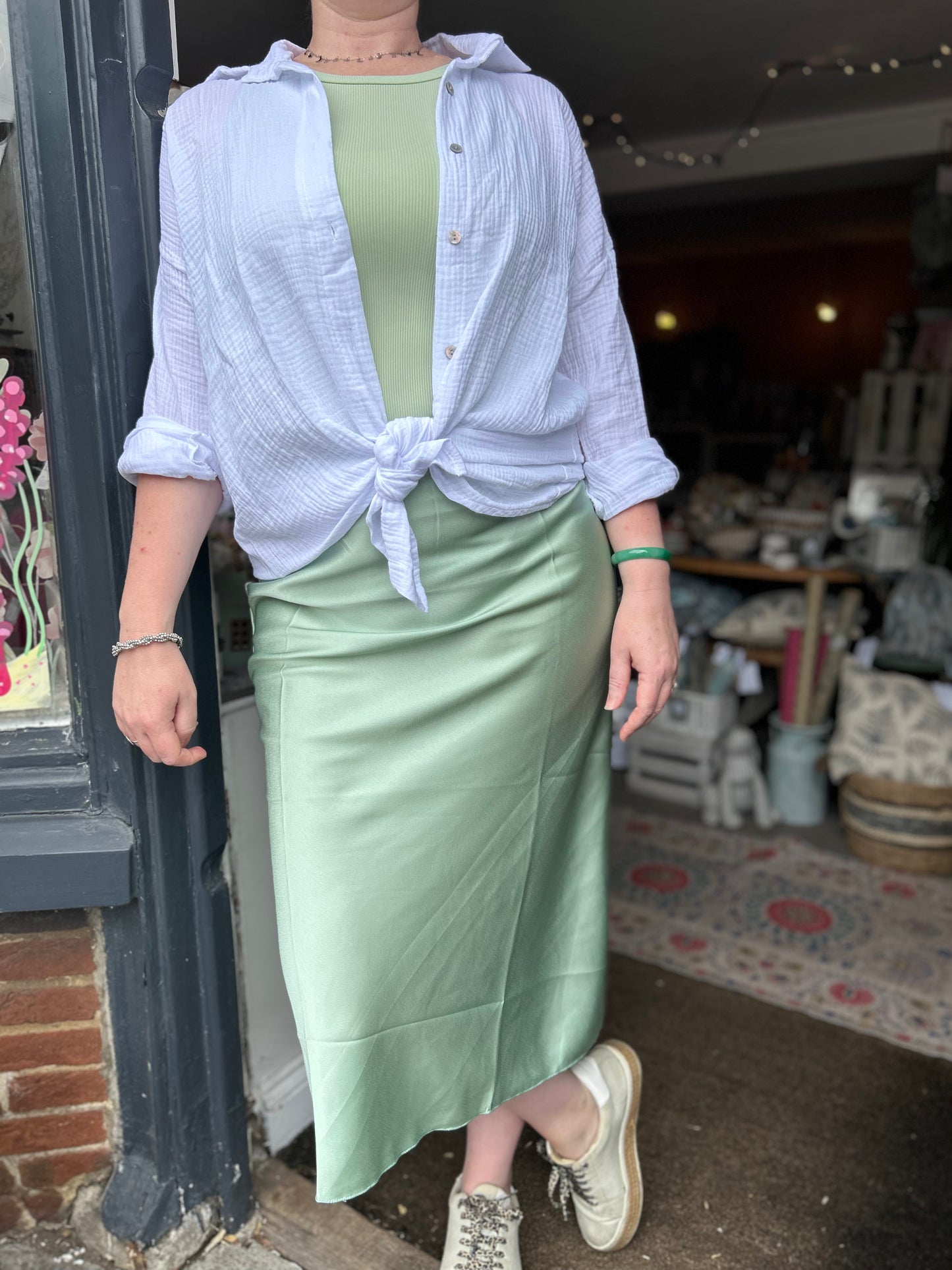 Lucia Satin Midaxi Skirt in Sage Green