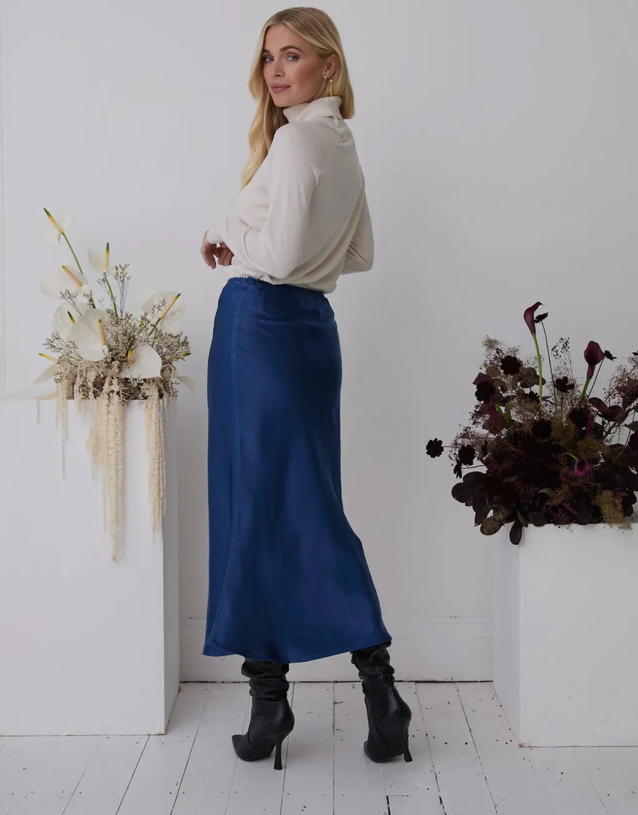 Navy Luxury Satin Slip Skirt - Midi