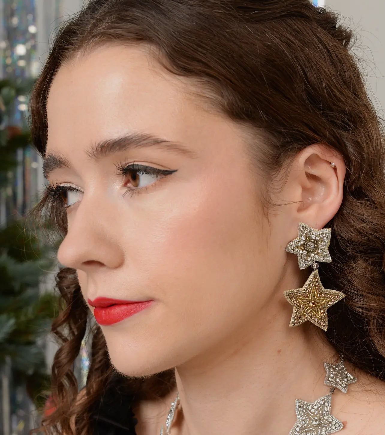 MY Doris Silver & Gold Beaded Star Drop Earrings
