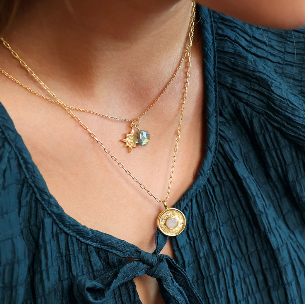 Gold Star & Gemstone Necklace - 14k plated gold & Labradorite stone