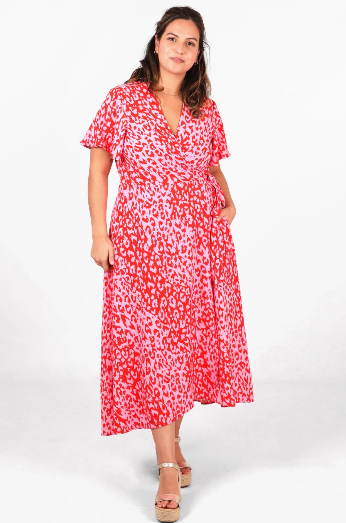 Gillian Midi Wrap Dress - Pink Leopard and Star Print - One available * curve size 16 -18