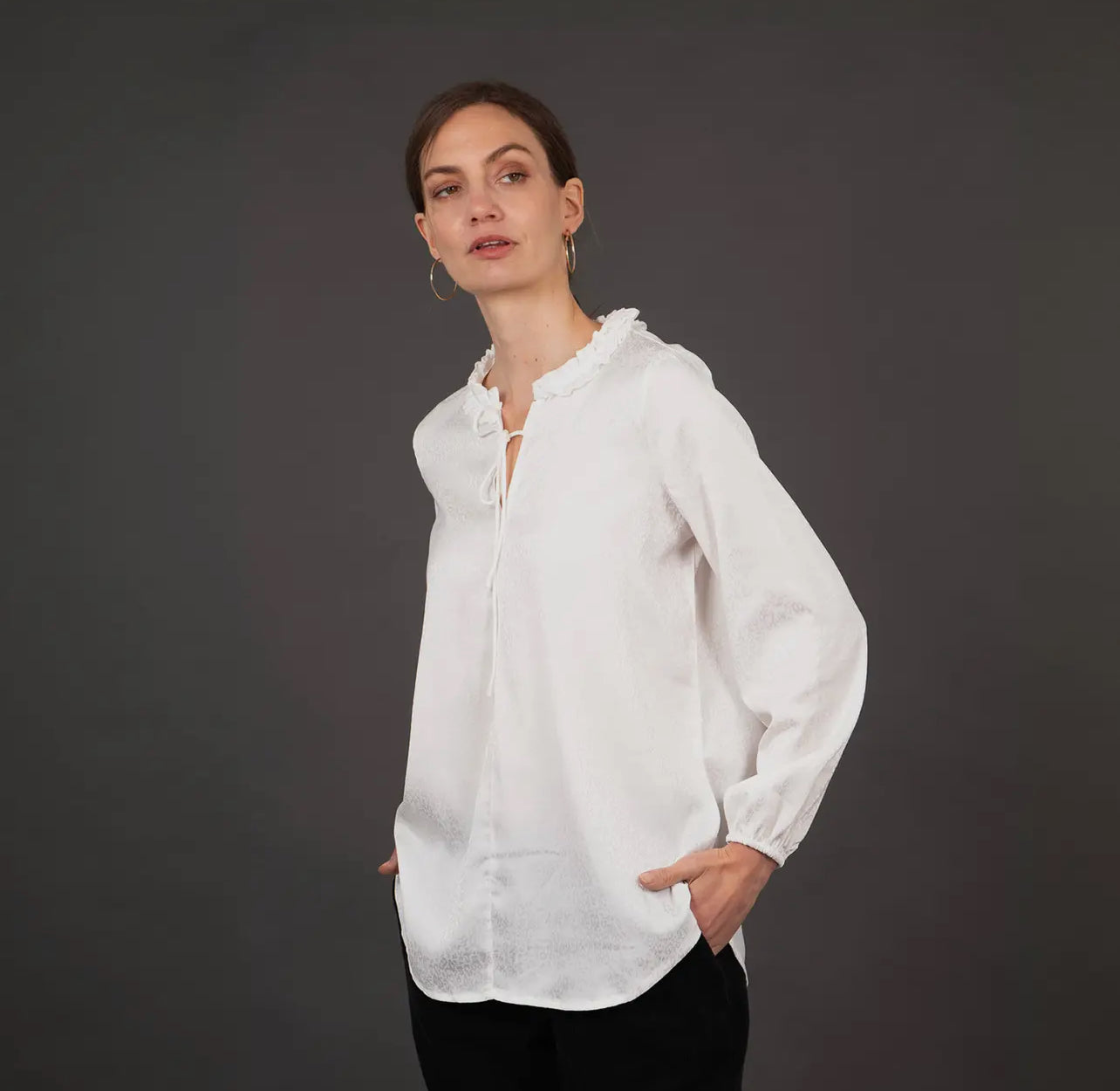 Ava White Grandad Collar Blouse with Leopard Design - Size L ( 16 - 18)