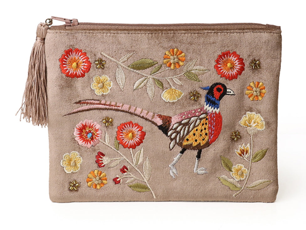 Fawn embroidered pheasant velvet zip purse