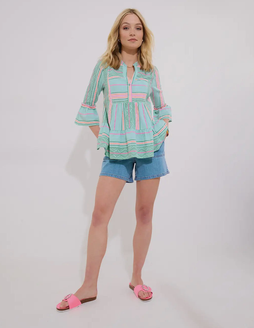 Summer Breeze Stripe Cotton Shirt in Green & Neon Stripes