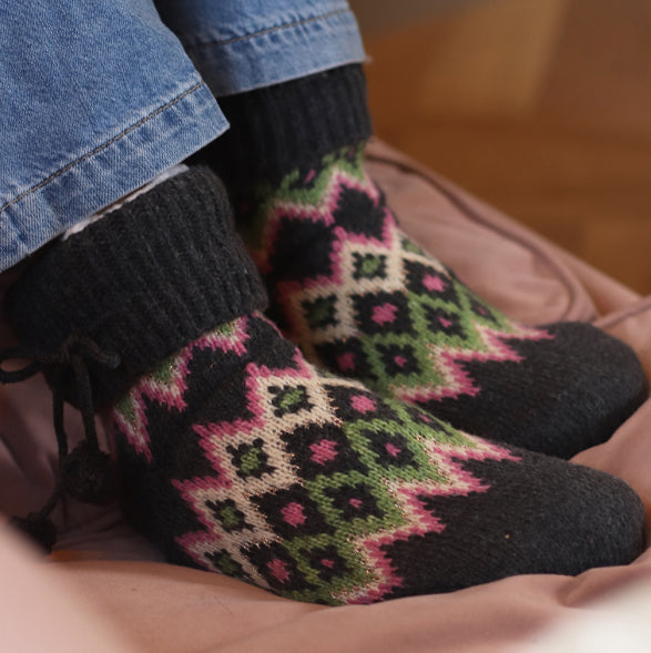 Charcoal mix diamond knit slipper socks - Fleece Lined