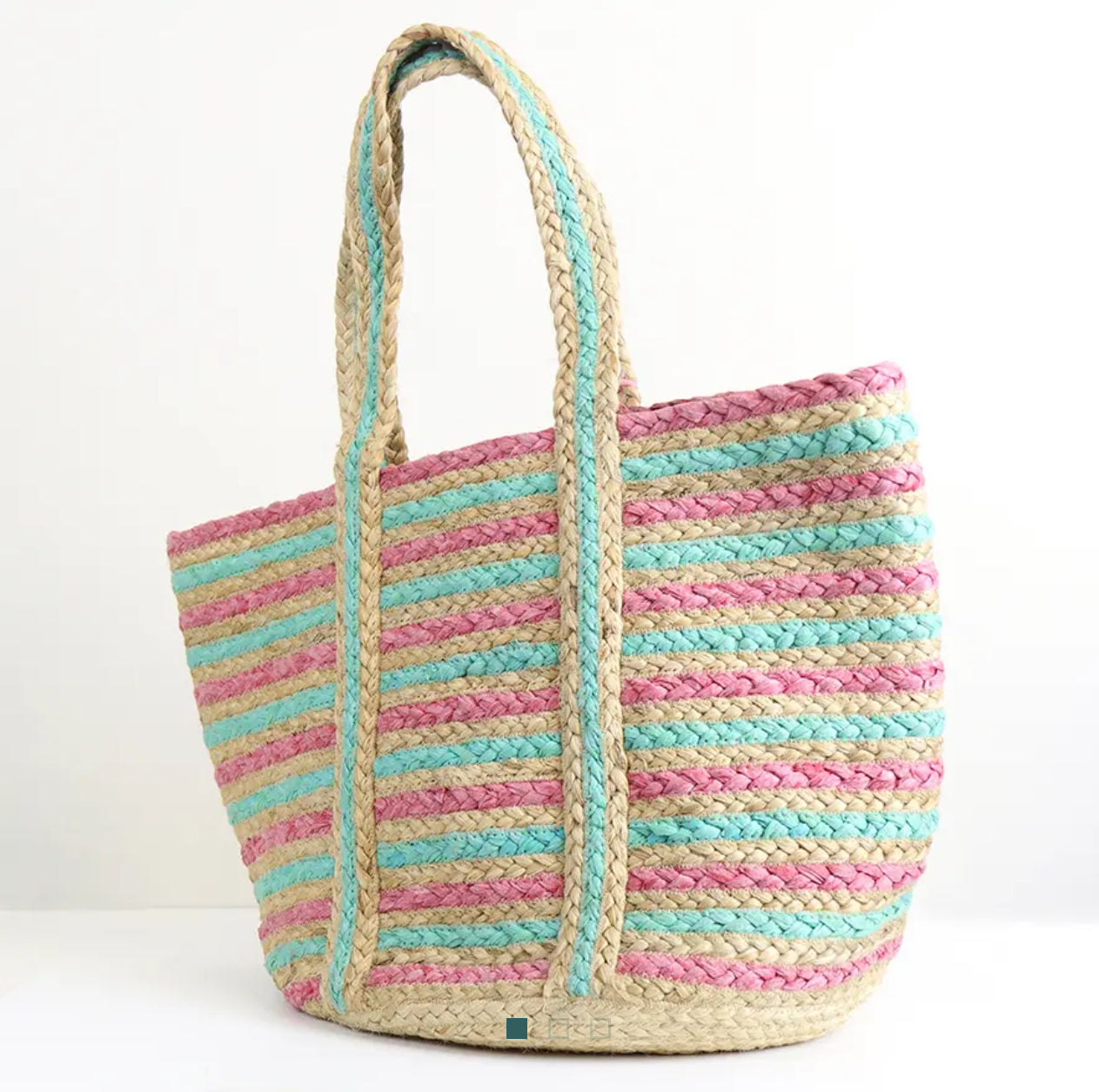 Jute Bag with Pink and Aqua Stripes