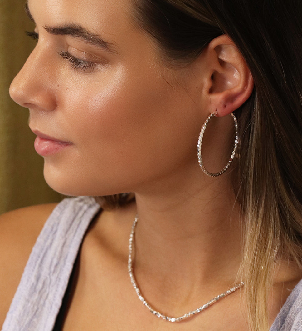 Large Silver Hoop Earrings- rope effect