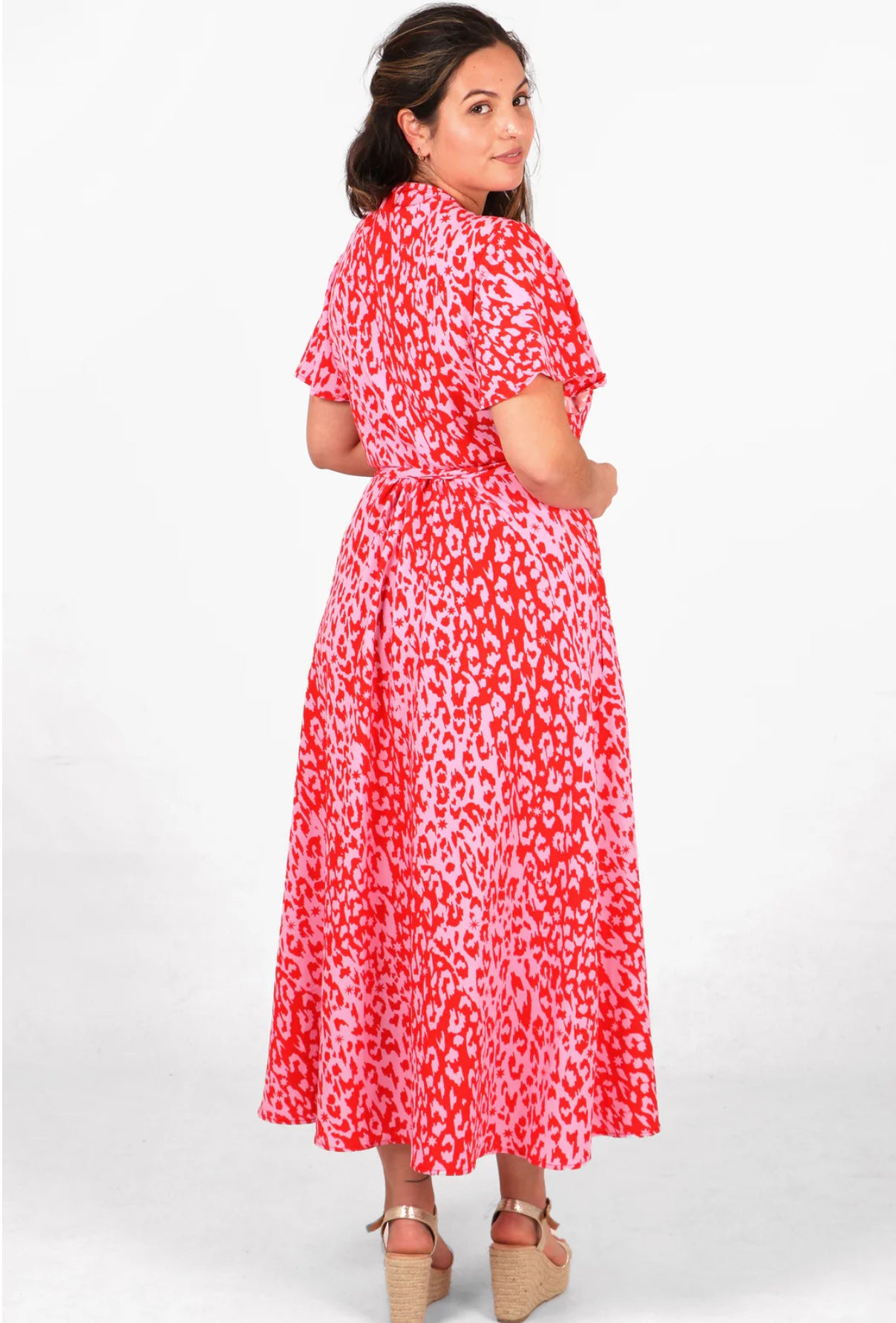 Gillian Midi Wrap Dress - Pink Leopard and Star Print - One available * curve size 16 -18
