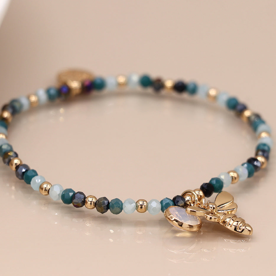 Blue Beaded Bracelet with Bee Charm