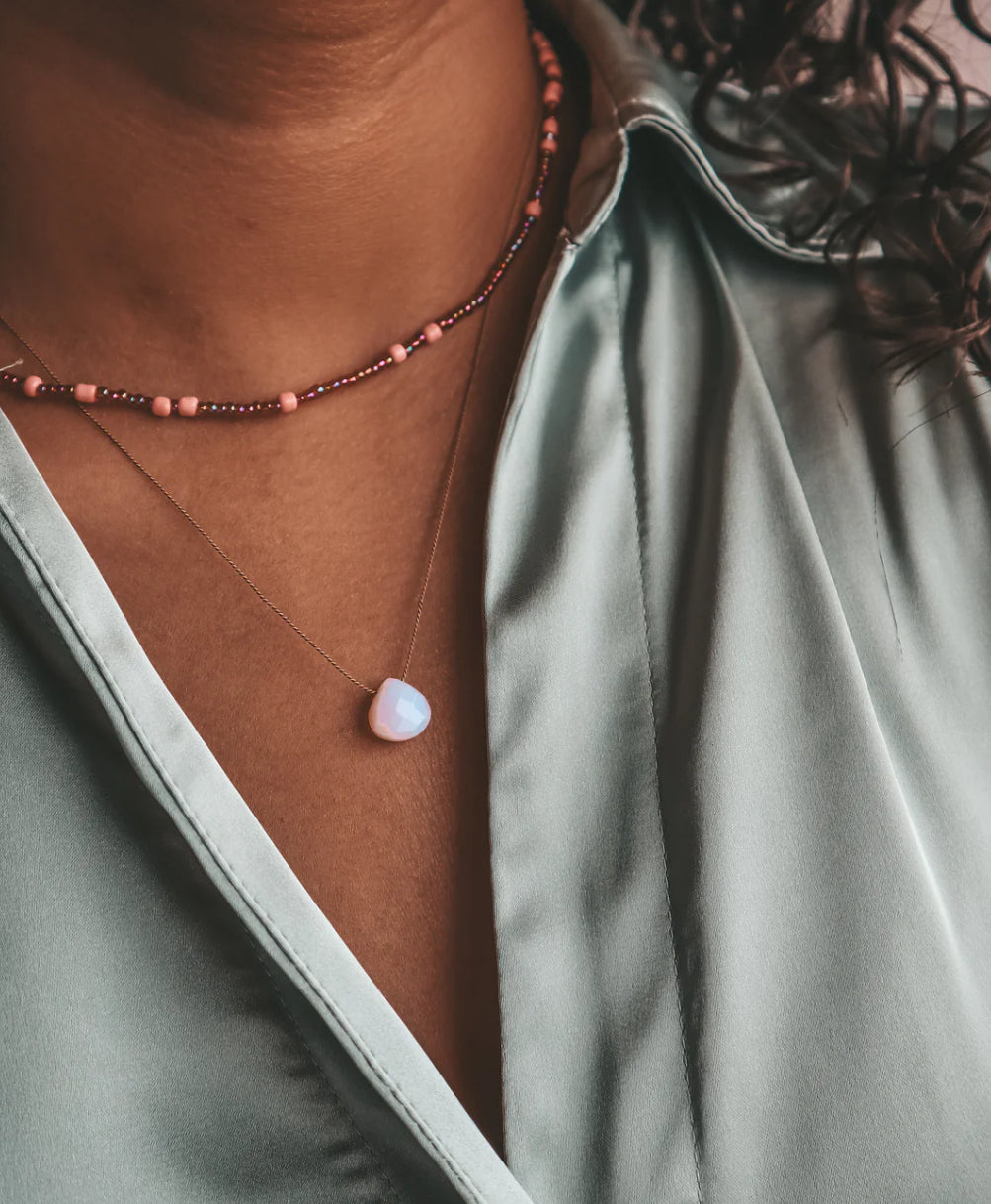 Pink Opal Stone Silk Cord Necklace