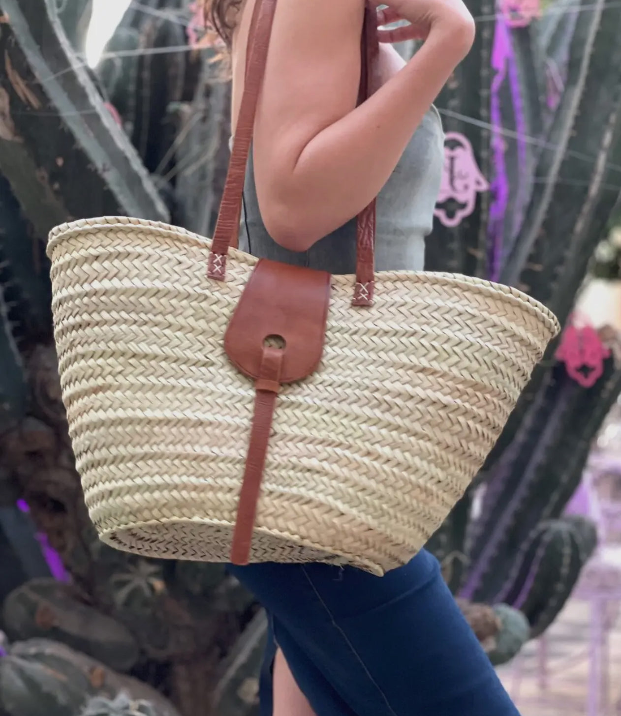 Handmade Straw Basket Bag with Leather Straps and Buckle