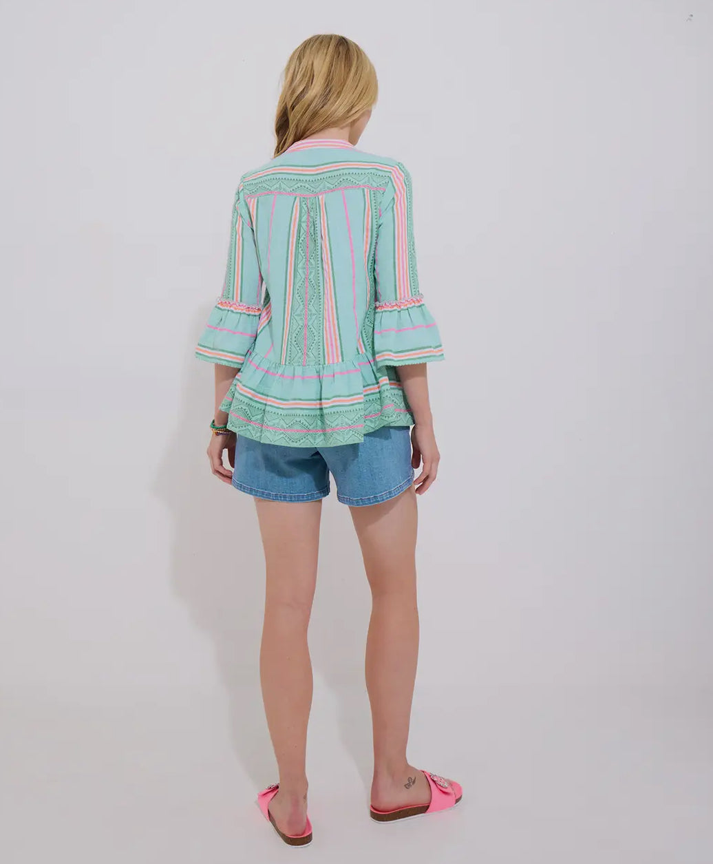 Summer Breeze Stripe Cotton Shirt in Green & Neon Stripes