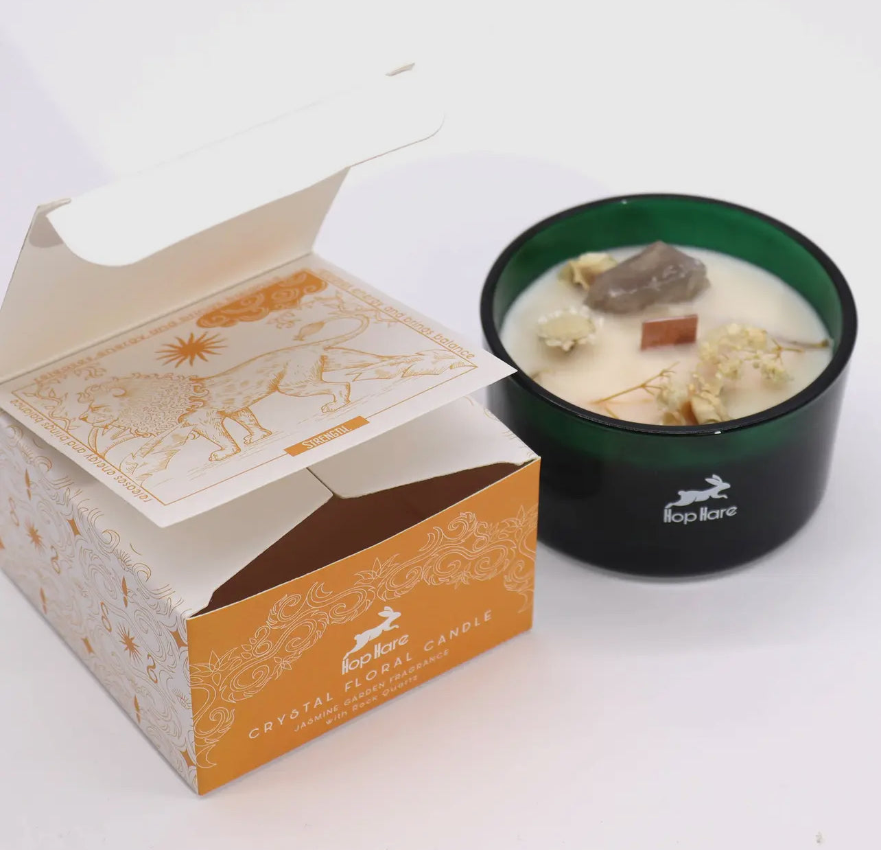Hop Hare Crystal Flower Candle - Jasmine, Bergamot & Sandalwood Scent with Quartz Crystal