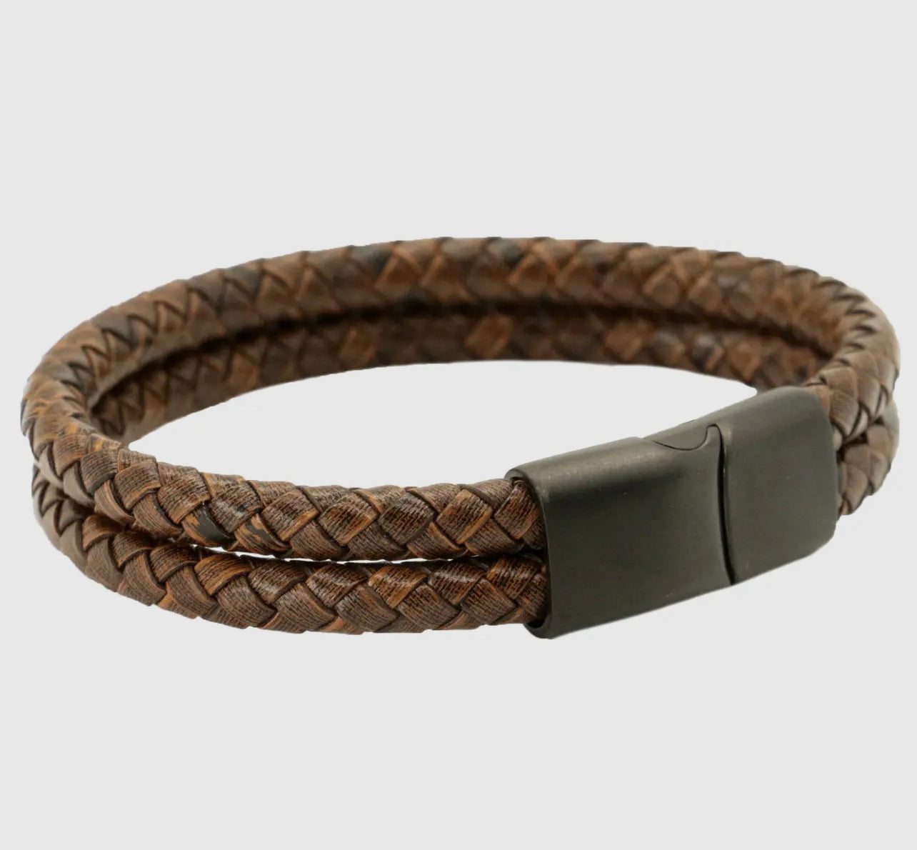Double Brown Men’s Leather Bracelet with Black Clasp