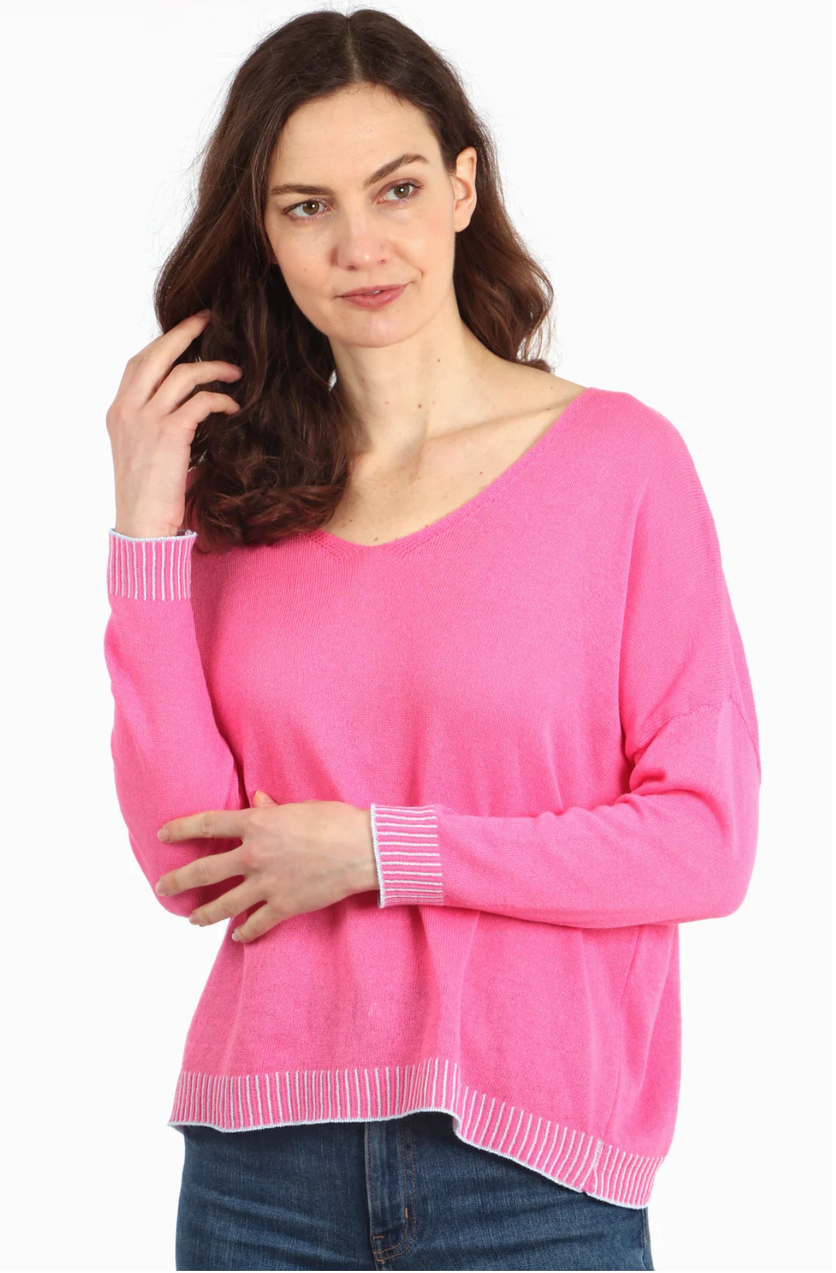 Abby Lightweight Jumper - Fuchsia with Blue Contrast Stitch - one size (8 - 14)