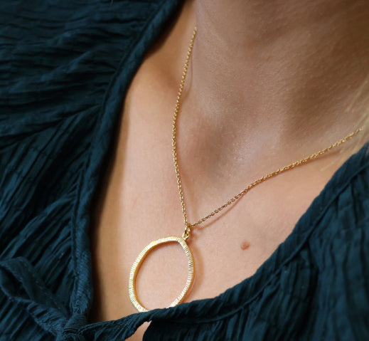 Gold Hoop Pendant Necklace - 14k textured gold plated over