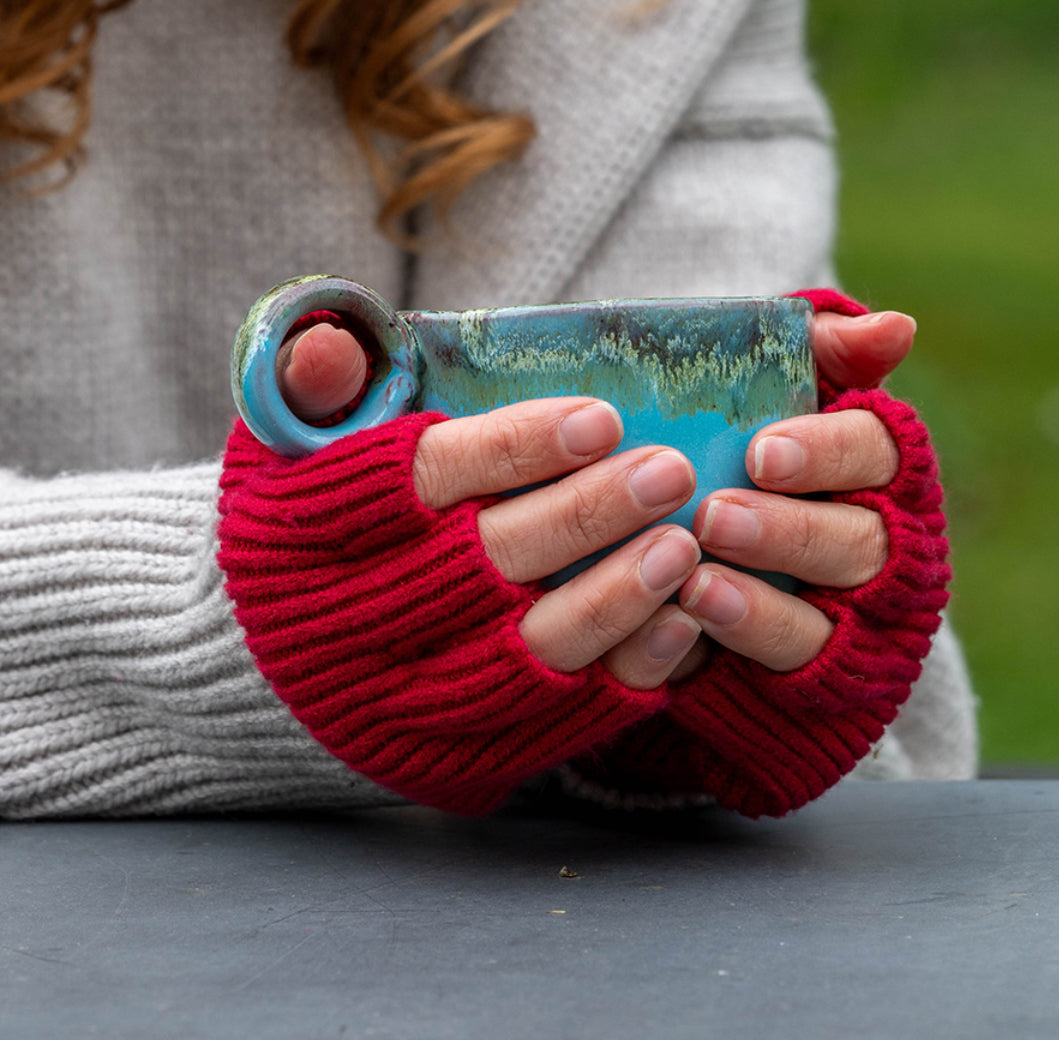 Red Recycled Wool Mix Ribbed Fingerless Gloves