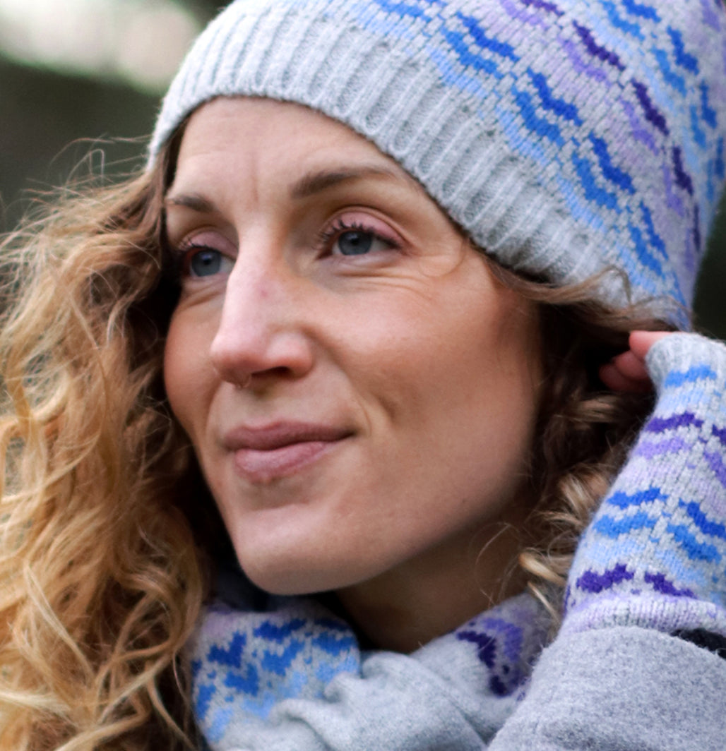 Blue & Grey Heart Knitted Beanie Hat