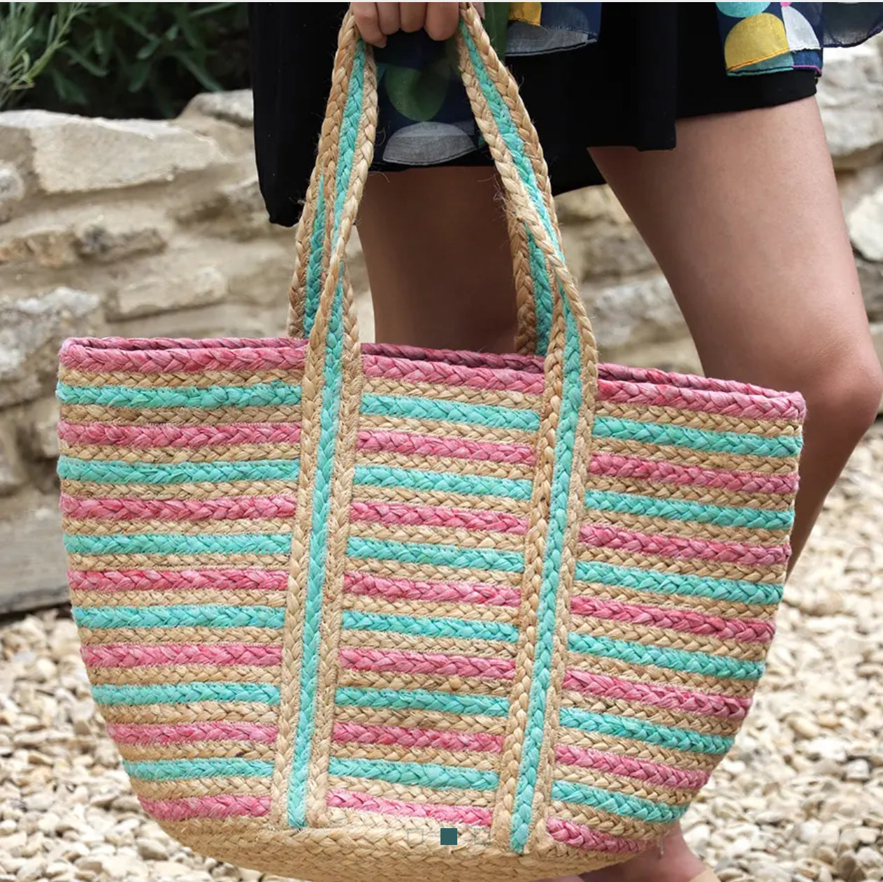 Jute Bag with Pink and Aqua Stripes