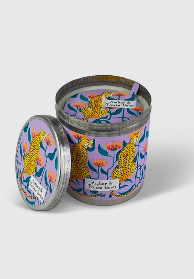 Amber & Tonka Bean - Cheetah design Candle Tin