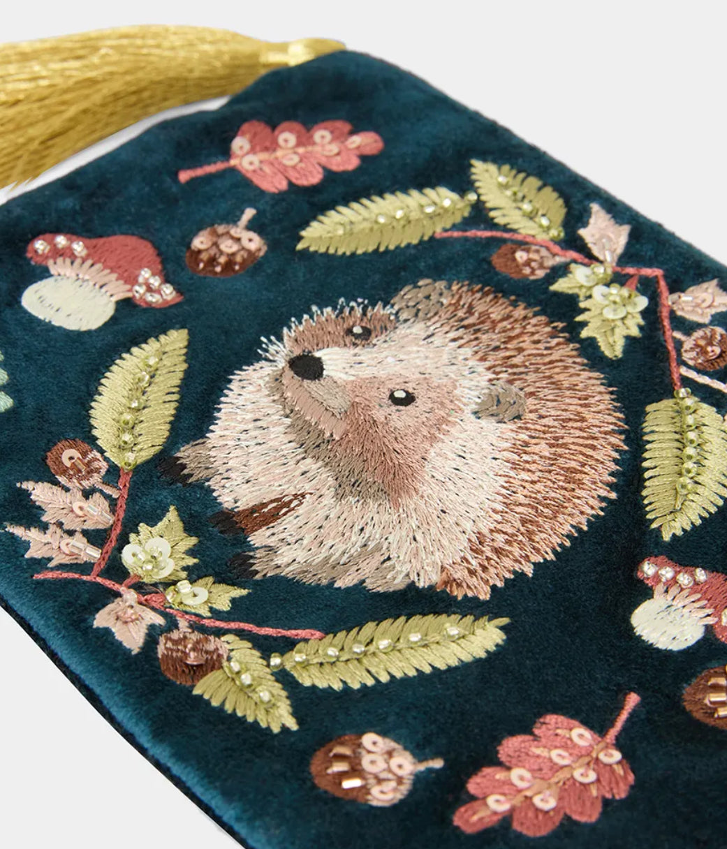 Velvet Makeup Bag - embroidered hedgehog