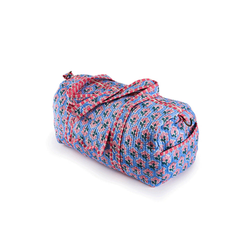 Pink & Blue Pattern Printed Weekend Bag - Pretty Quilted bag with Straps