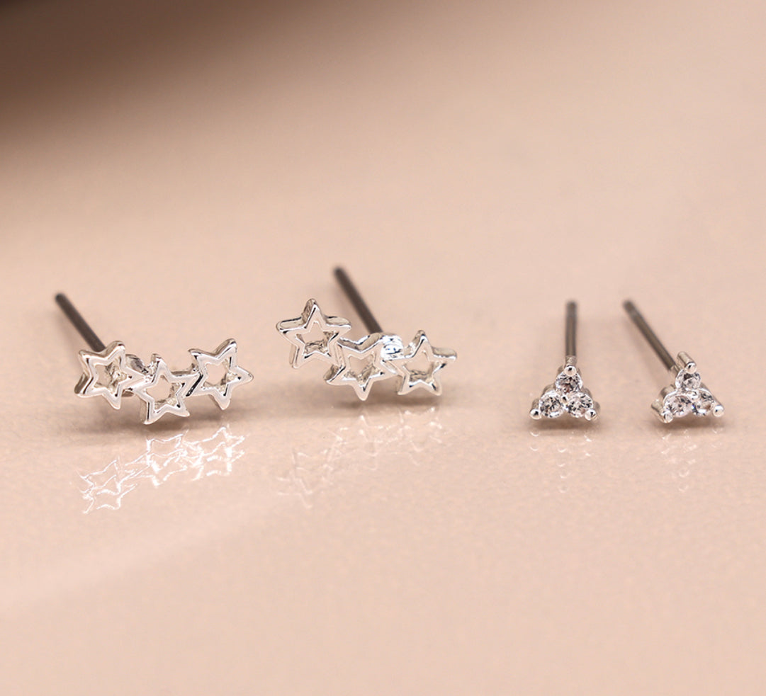 Silver Stacking Earrings - Triangle & Stars