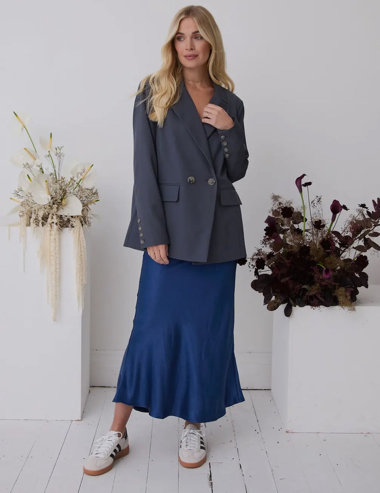 Navy Luxury Satin Slip Skirt - Midi