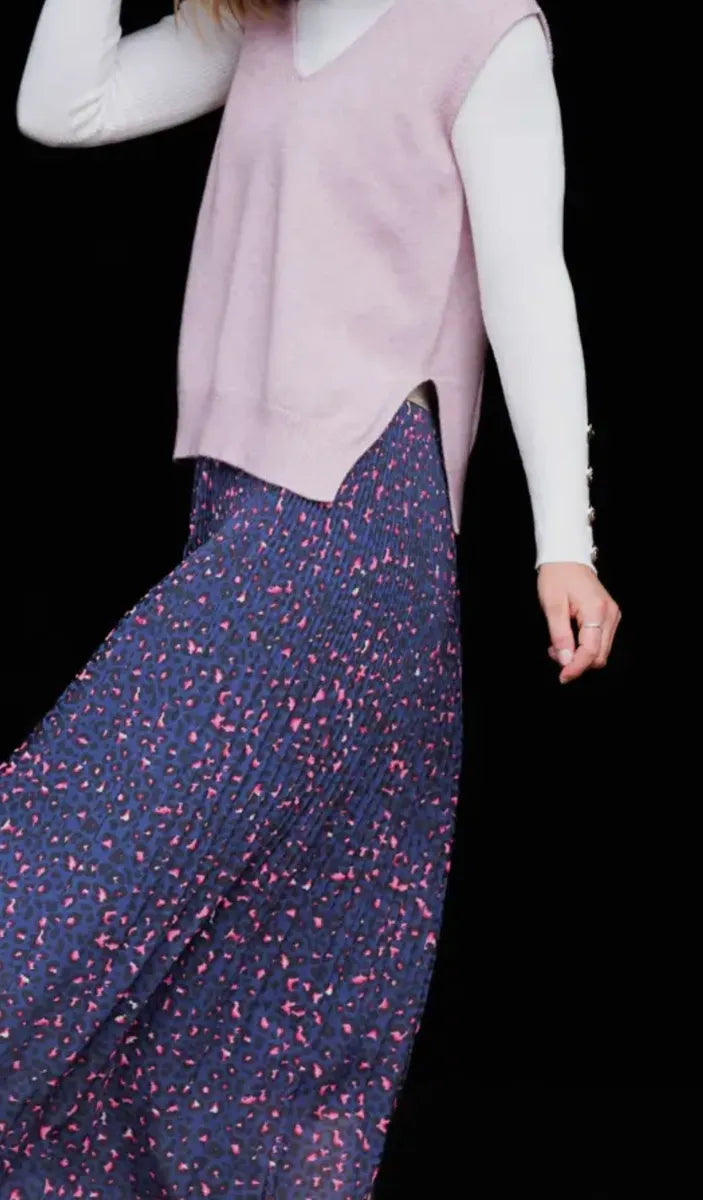 Chelsea Pleated Animal Print Maxi Skirt in Navy and pink - one size fits 10- 14