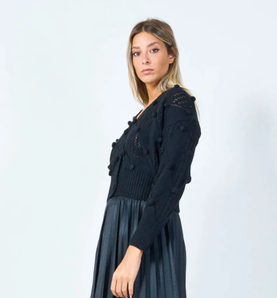 Pom- Pom Textured Cardigan - Black