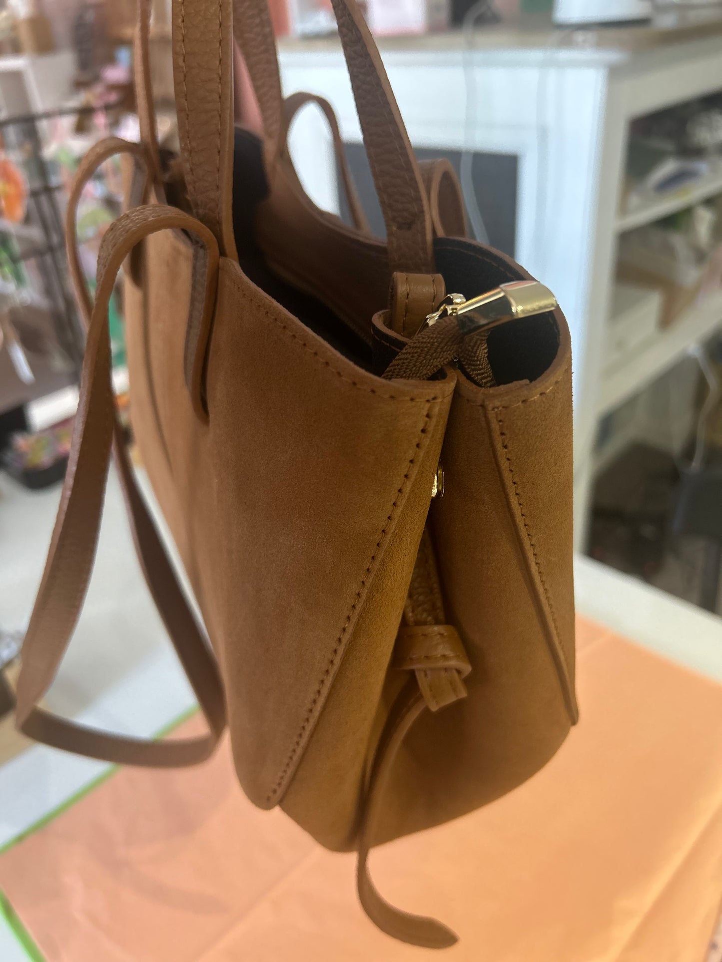 Carly Italian Suede Leather Tan Shoulder Bag