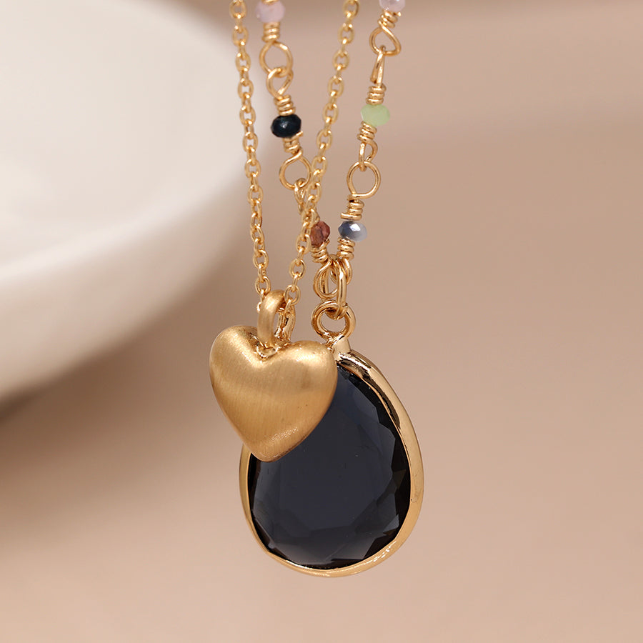 Golden Double Strand Heart and Blue Crystal Necklace