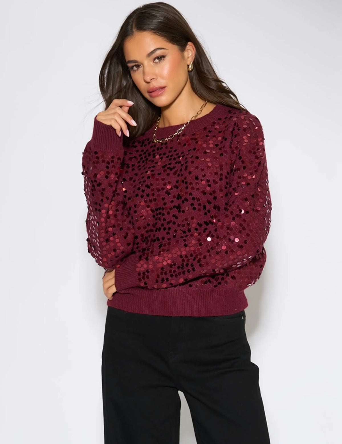 Mulberry Sequin Long Sleeve Knitted Jumper