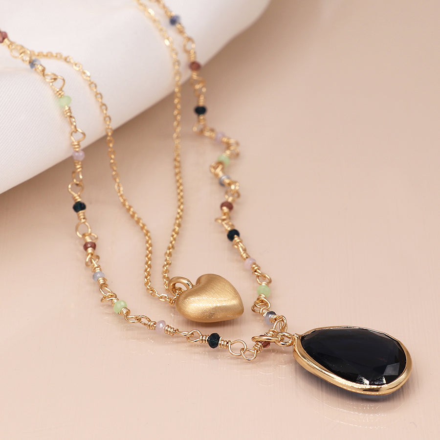 Golden Double Strand Heart and Blue Crystal Necklace