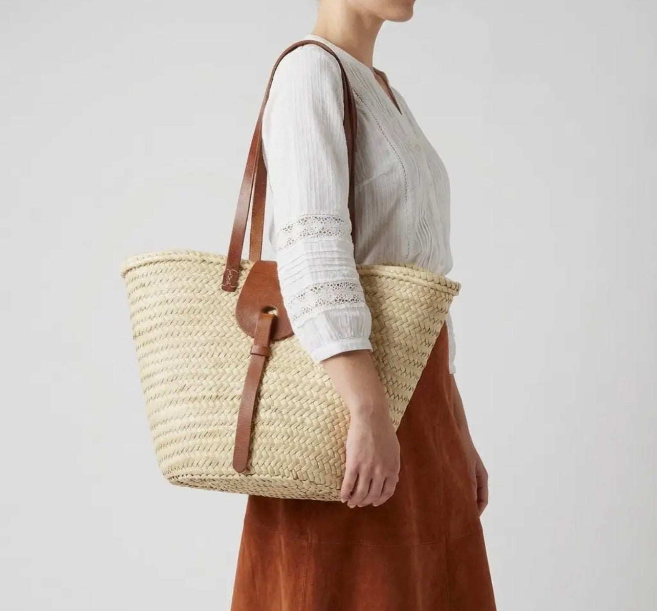 Classic French Market Straw Basket Bag with Leather Handles & Fastening