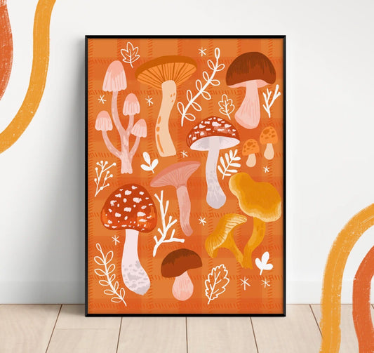 Autumn Mushroom A4 Art Print – Colourful Retro Woodland Wall Art