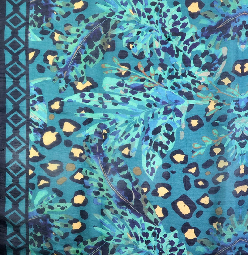 Teal and navy silk botanical and animal print square scarf