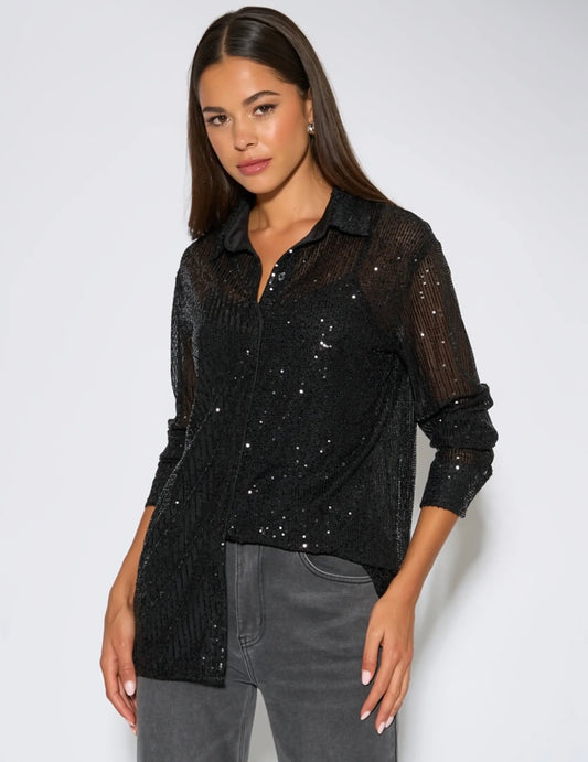 Black Sequin Long Sleeve Shirt