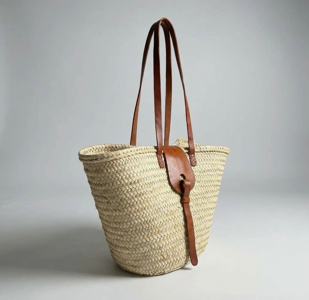 Classic French Market Straw Basket Bag with Leather Handles & Fastening
