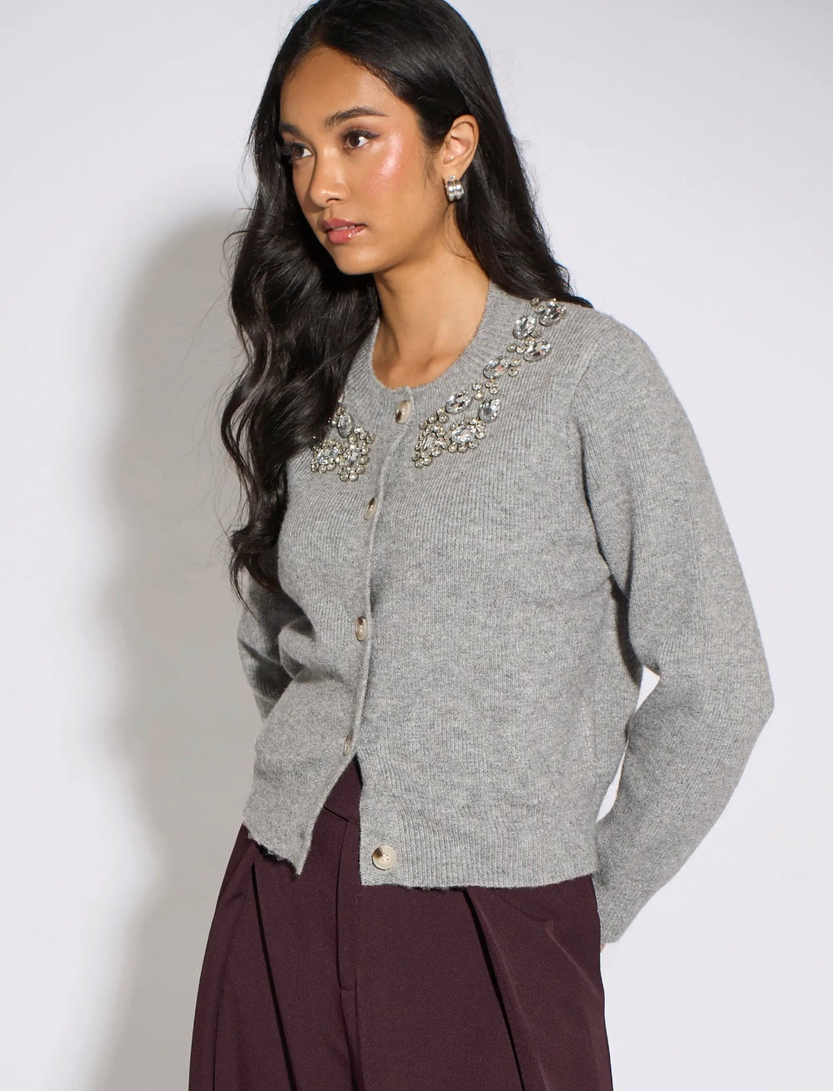 Grey Marl Diamanté Embellished Knitted Cardigan