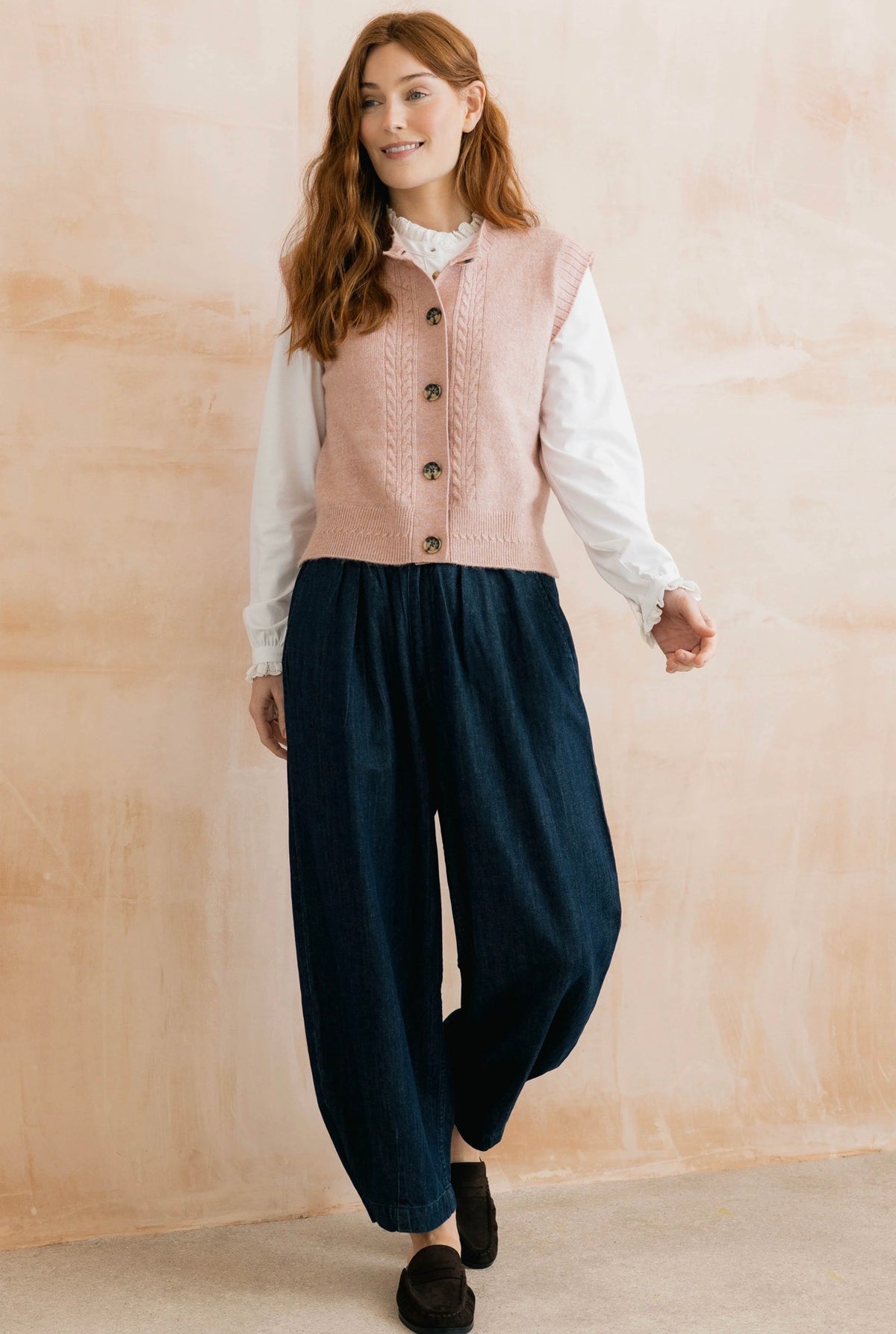 STENCIL CABLE KNIT WAISTCOAT ANTIQUE PINK