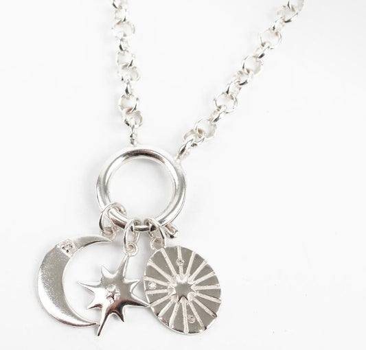My Doris Silver Celestial Charm Necklace – Moon & Stars