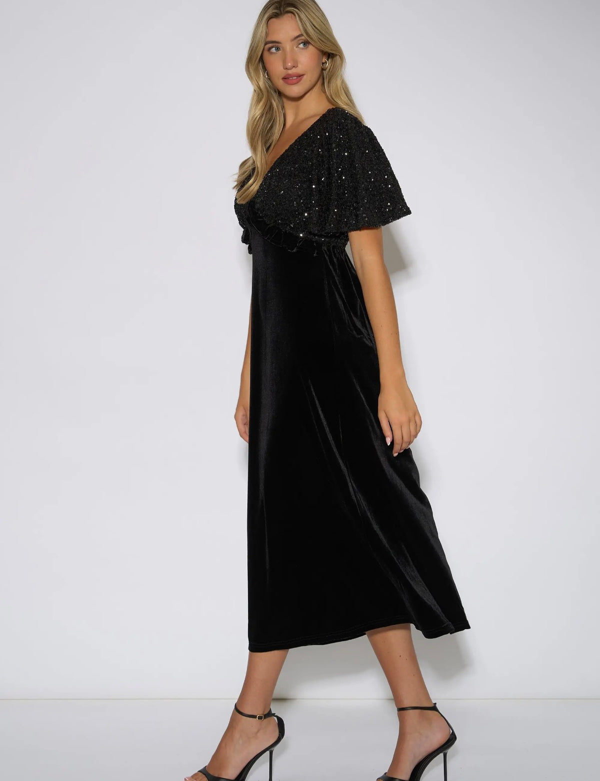 Black Sequin & Velvet Midi Dress