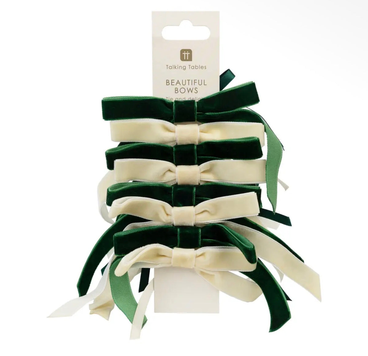 Talking Tables Green & Cream Velvet Christmas Bows – Pack of 8