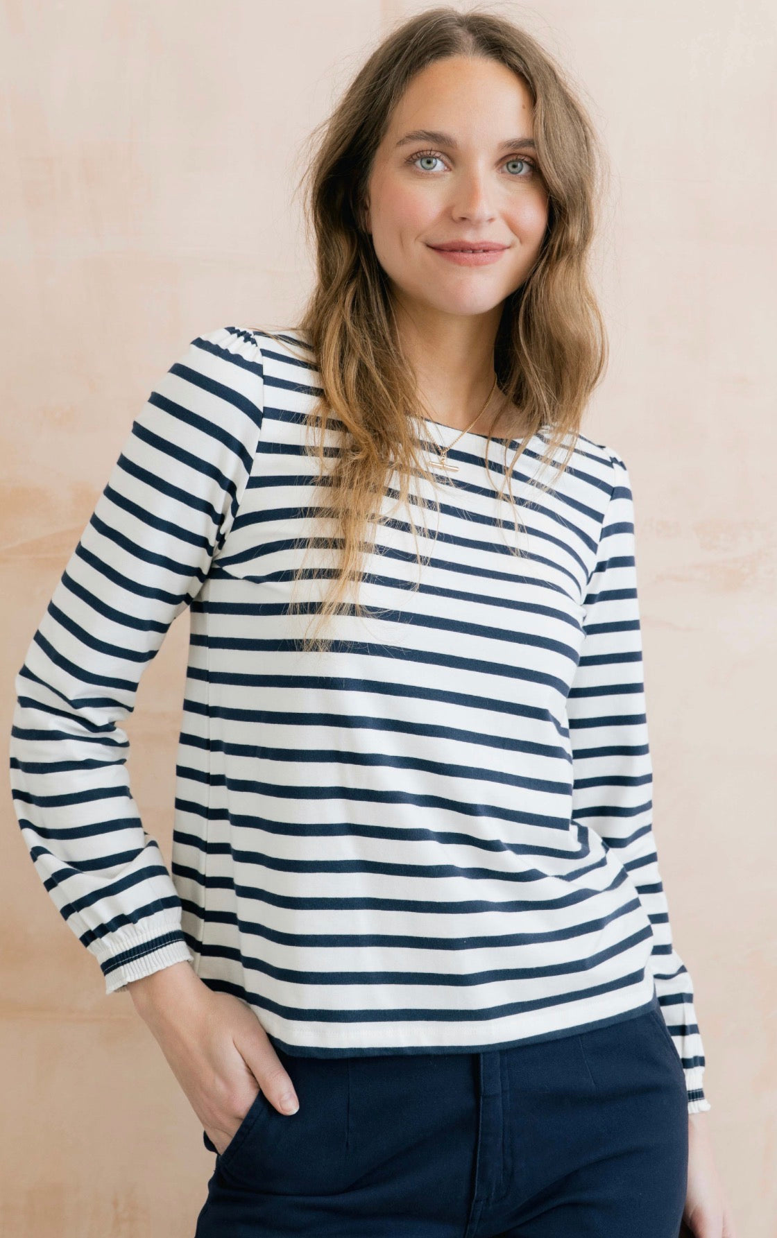 CAROLINE STRIPED ORGANIC COTTON JERSEY TOP NAVY/ECRU